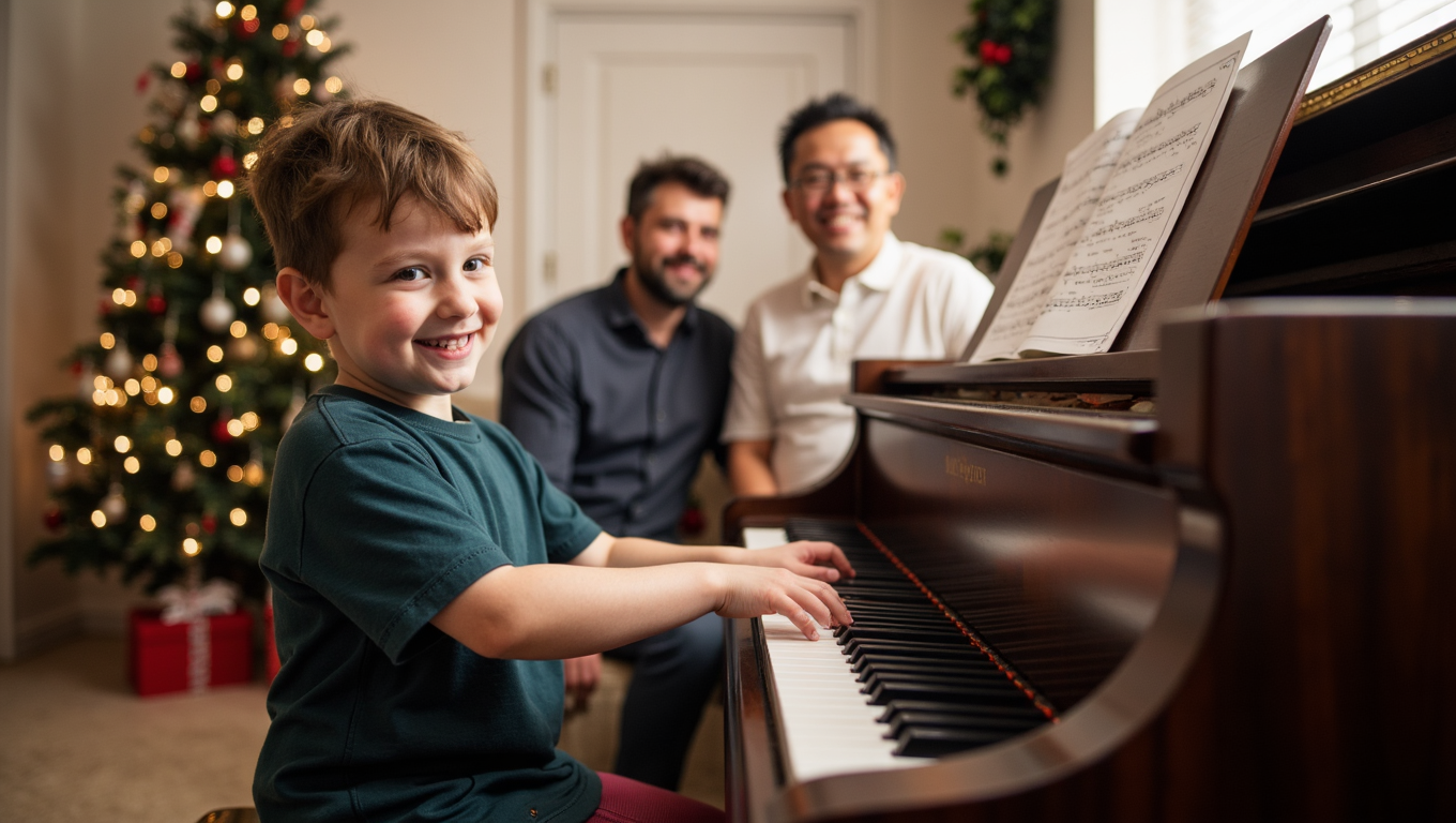 A photorealistic image showing a student frustrated with sheet music on one side and the same student, now smiling, playing the piano with confidence. The environment is a cozy, well-lit music room filled with posters of famous musicians. The transformation is depicted with a warm color palette symbolizing growth, and the lighting gradually becoming brighter on the confident side. The camera angle should show both sides, capturing emotion and progression in 4K quality.