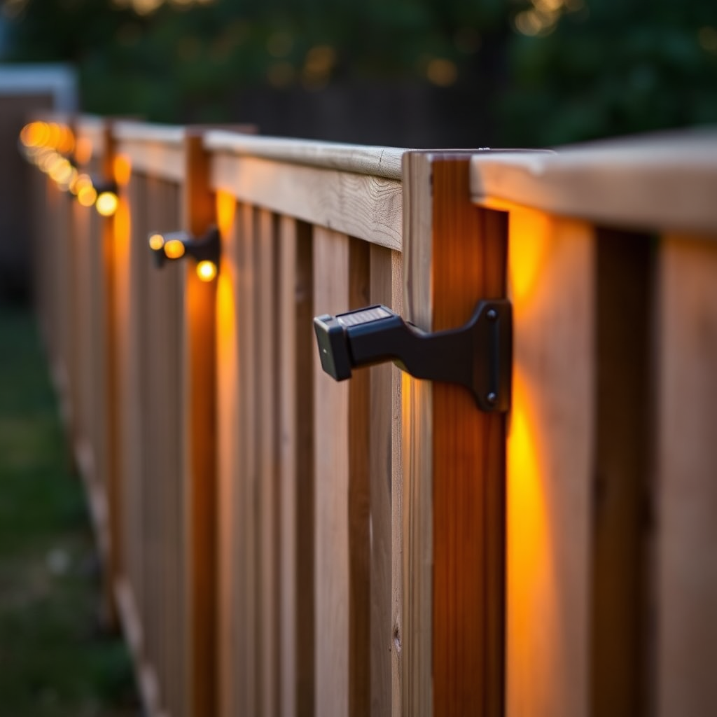 GardenCave solar fence lights on a wooden fence at golden hour