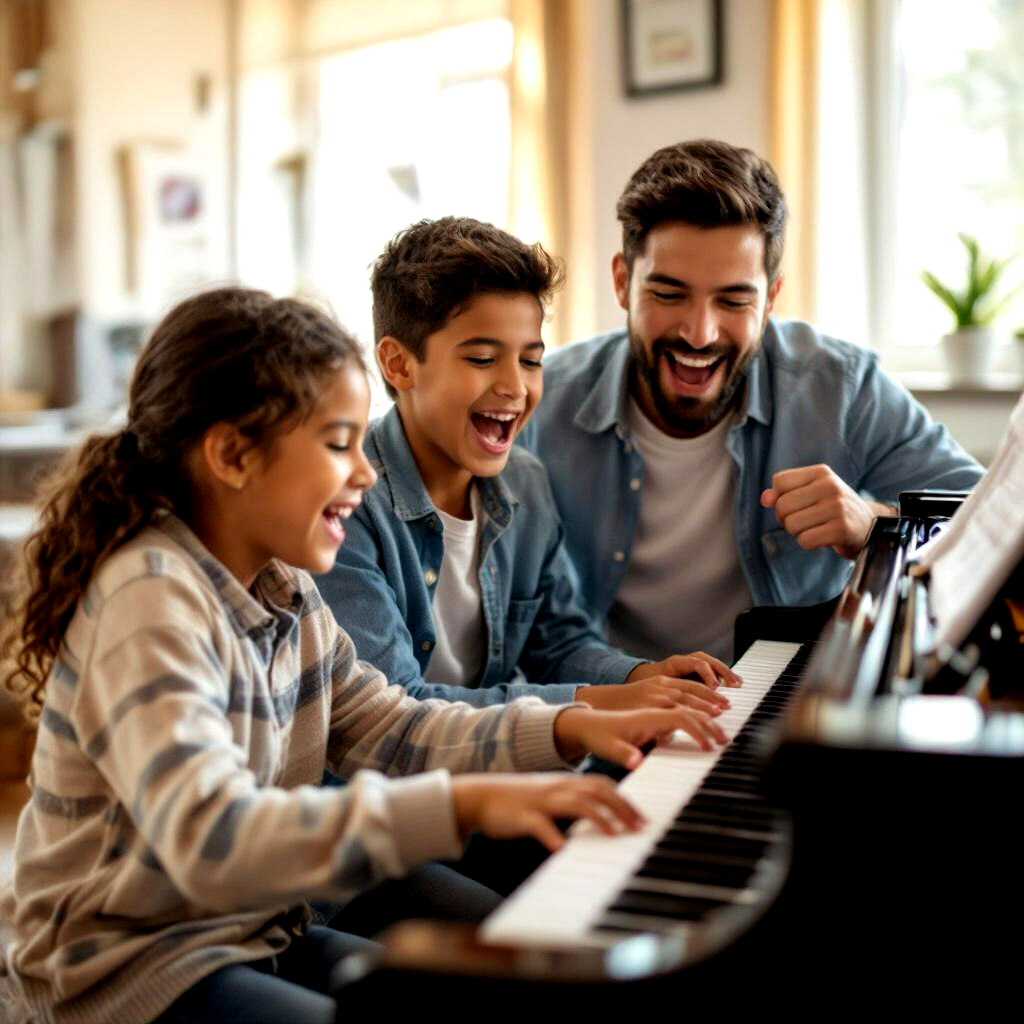 A cheerful classroom image featuring a group of learners enjoying a lesson together, smiling and supporting one another. The vibrant color palette evokes an energetic and uplifting mood. The light cascades in warmly from windows, providing an inviting learning space. The texture of the piano is glossy and polished, emphasizing the joy of playing. The composition should focus on their interaction, fully illustrating the supportive community spirit in high-quality 4K.