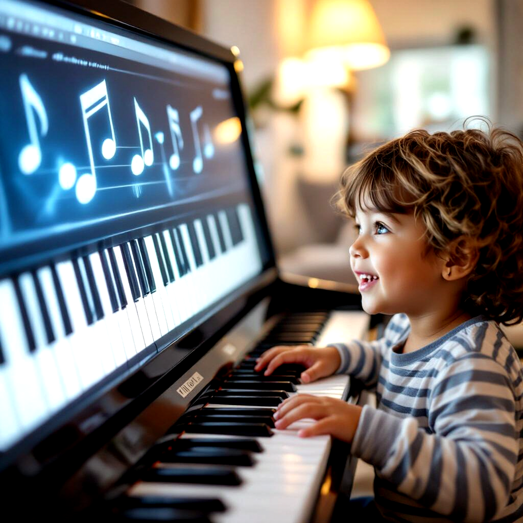 A relaxed scene showing a beginner with no prior experience sitting at a piano, guided by a compassionate teacher. The environment is filled with music books and playful decorations, radiating an encouraging vibe. Soft lighting should enhance the comfortable atmosphere, while the camera angle captures the engagement and connection between the teacher and student, highlighting the support within the 4K quality image.