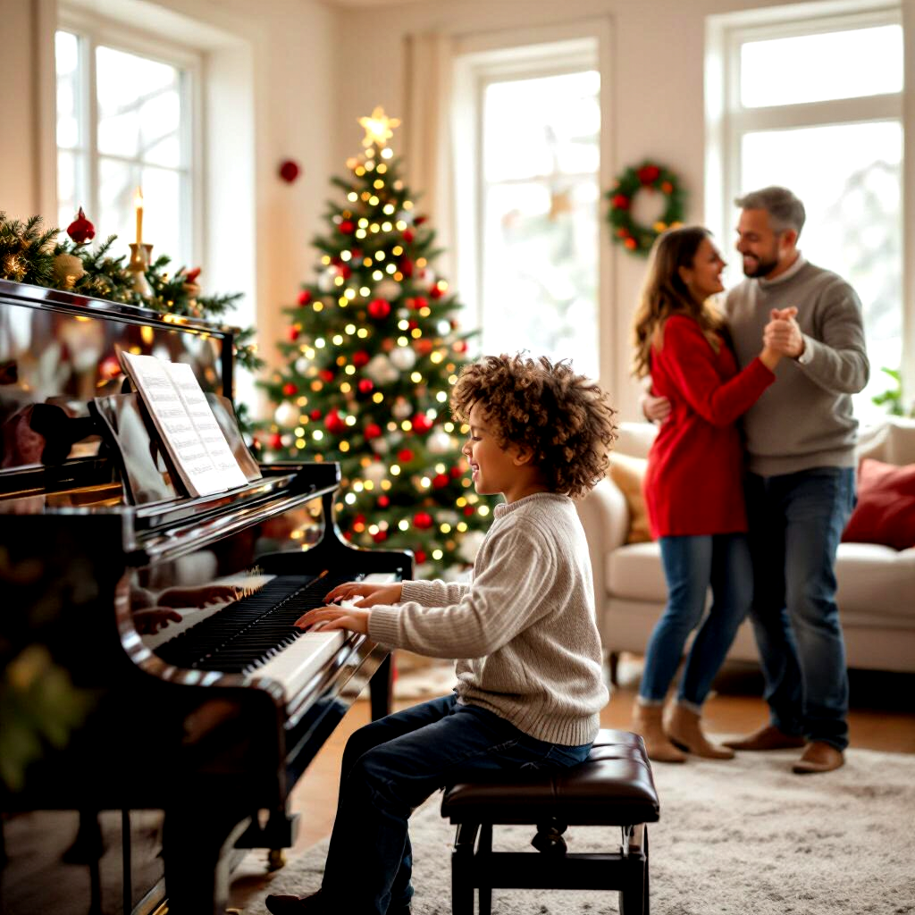 A fun image showing a teacher humorously playing wrong keys on a piano, eliciting laughter from students. The atmosphere captures light-heartedness, with confetti and colorful decorations around the room. The lighting is bright and cheerful, enhancing the playfulness of the scene. The camera angle captures expressions of surprise and joy among students, making it a joyful moment in 4K high quality.