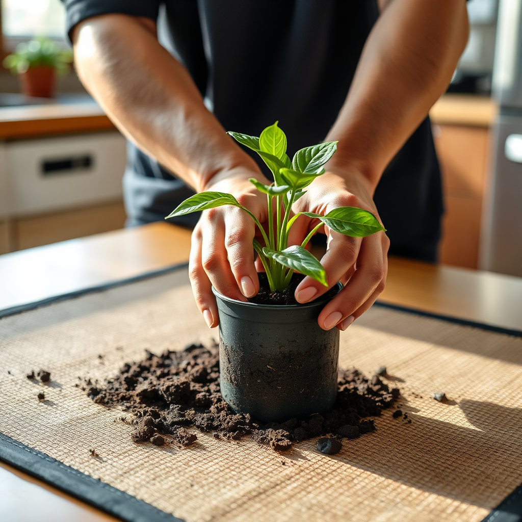 Step 2 image: hands repotting a plant on the mat
