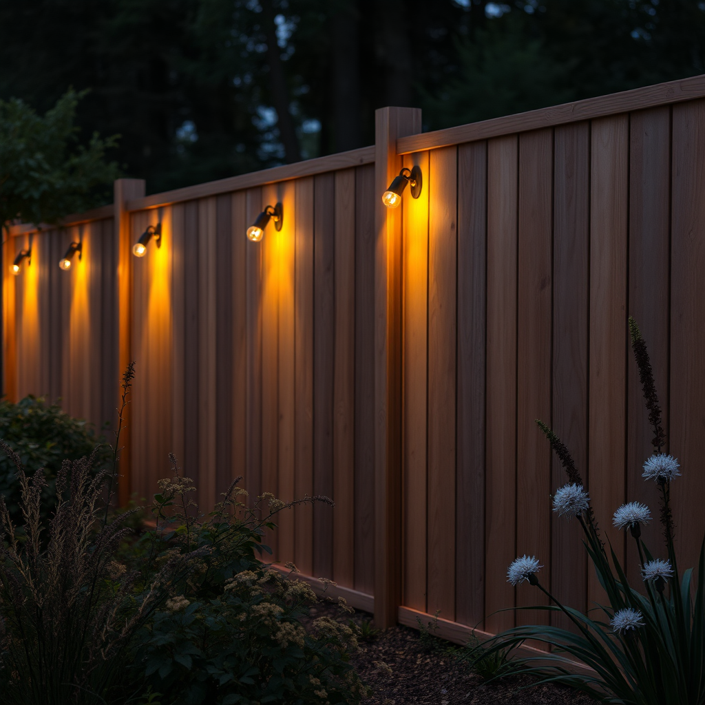 Multiple lights along fence at dusk