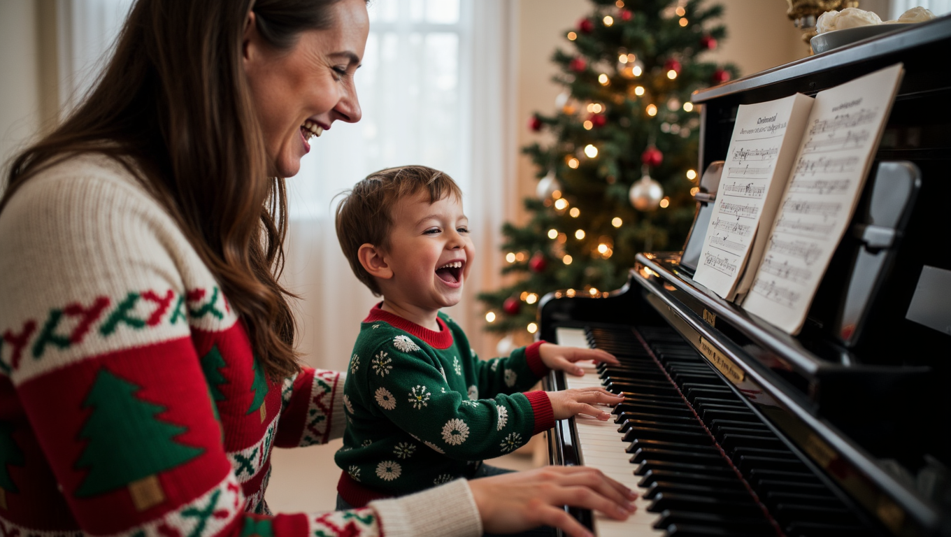 A photorealistic image showing a student frustrated with sheet music on one side and the same student, now smiling, playing the piano with confidence. The environment is a cozy, well-lit music room filled with posters of famous musicians. The transformation is depicted with a warm color palette symbolizing growth, and the lighting gradually becoming brighter on the confident side. The camera angle should show both sides, capturing emotion and progression in 4K quality.