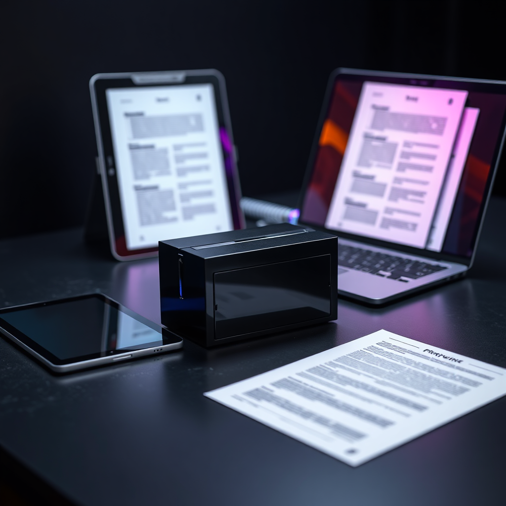 Premium product mockup of a Midjourney prompts vault box and digital files on a dark desk with neon violet and cyan accents
