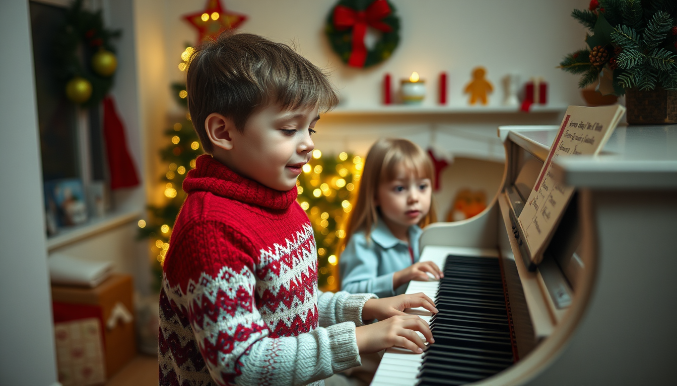 A stylized image representing a vibrant piano lesson scene. The picture depicts a cheerful piano instructor guiding a group of enthusiastic students of all ages. They're laughing and playing together at a grand piano, with colorful notes and sheet music scattered around. Soft, warm lighting creates an inviting atmosphere, while a colorful backdrop filled with musical motifs adds a whimsical touch. The camera angle captures the joy in the group’s faces, suggesting a supportive environment. This high-quality image should be in 4K resolution.