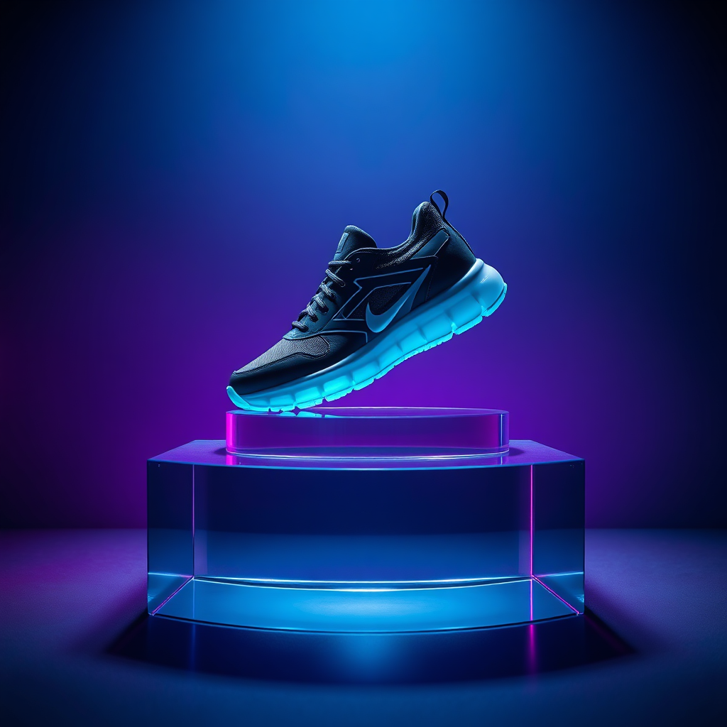 Premium AI generated sneaker advertisement image with neon rim lighting and reflective surface