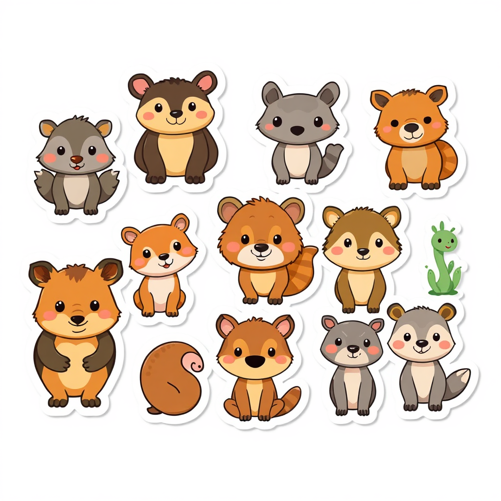 Cute sticker character pack illustration with thick outlines and pastel palette