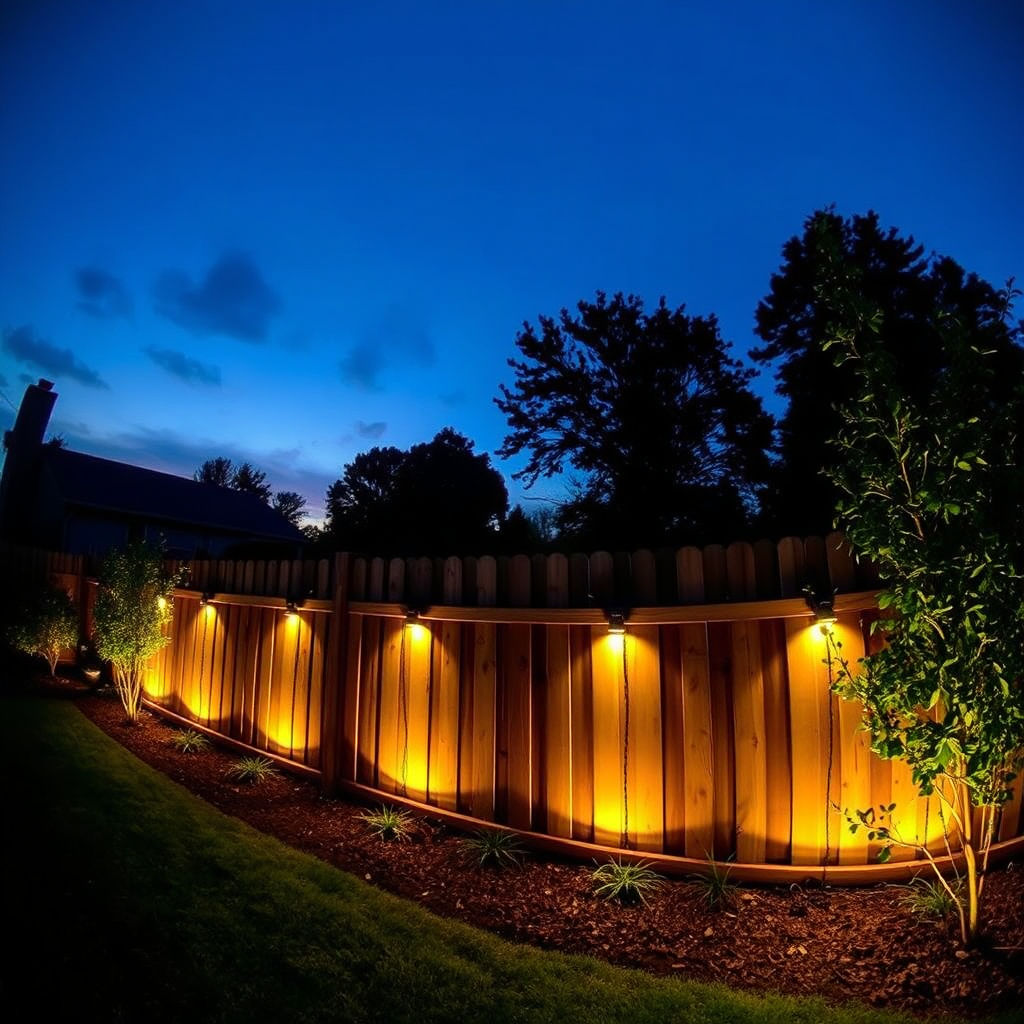 Backyard fence lit by GardenCave lights