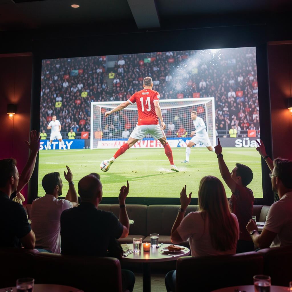 Live football match on a giant screen in a sports lounge