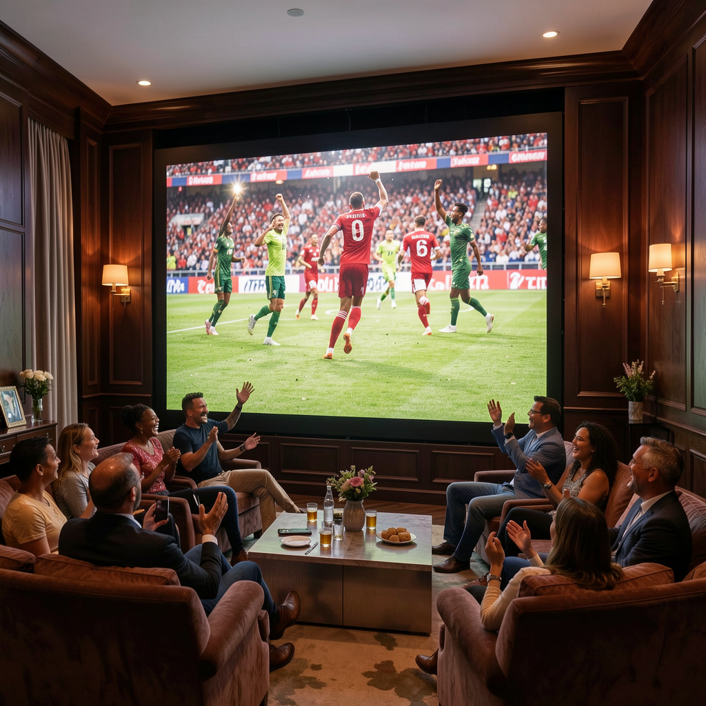 Live sports broadcast on a giant screen in a lounge