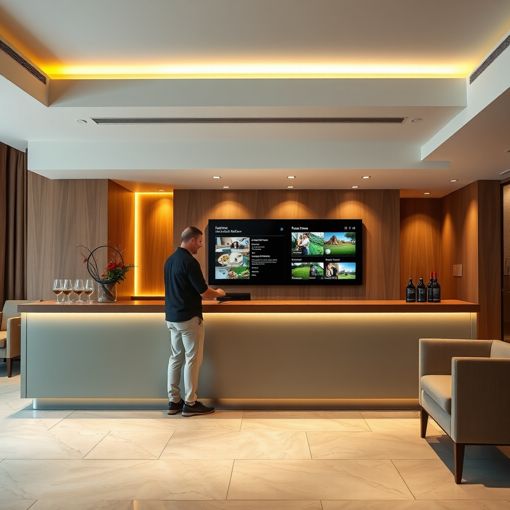JGolfPanel in a hotel reception area showing guest services