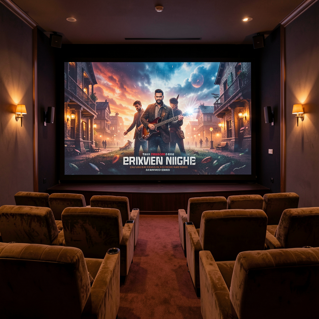 Private cinema setup with a large screen and comfortable seating