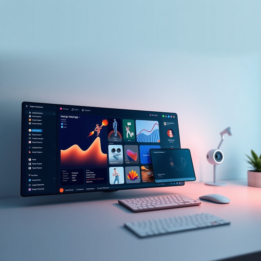 A clean and modern image showing the seamless integration of various digital tools. Visualize a central dashboard with access to design software, livestreaming interfaces, and AI-powered features. The interface should be intuitive and user-friendly. Lighting should be soft and ambient. The camera angle should be slightly elevated. Resolution: 4K. Style: Clean, modern, and visually appealing.