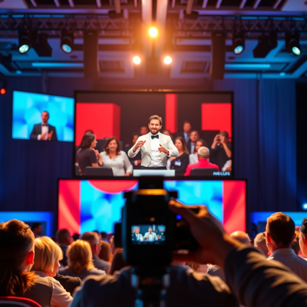 A dynamic image featuring a live event being streamed online. Show the presenter interacting with a virtual audience, showcasing the power and reach of livestreaming. Capture the energy and excitement of the event. Lighting should be bright and inviting. The camera angle should be slightly elevated. Resolution: 4K. Style: Modern and engaging.