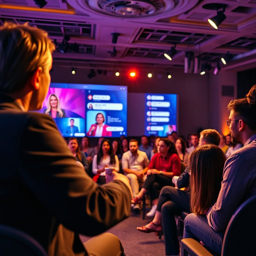 A dynamic image of an interactive livestreaming event. Feature a presenter interacting with a virtual audience through chat and polls. The design should be visually appealing and engaging. Lighting should be warm and inviting. The camera angle should be slightly to the side, capturing both the presenter and the virtual audience. Resolution: 4K. Style: Modern and engaging.