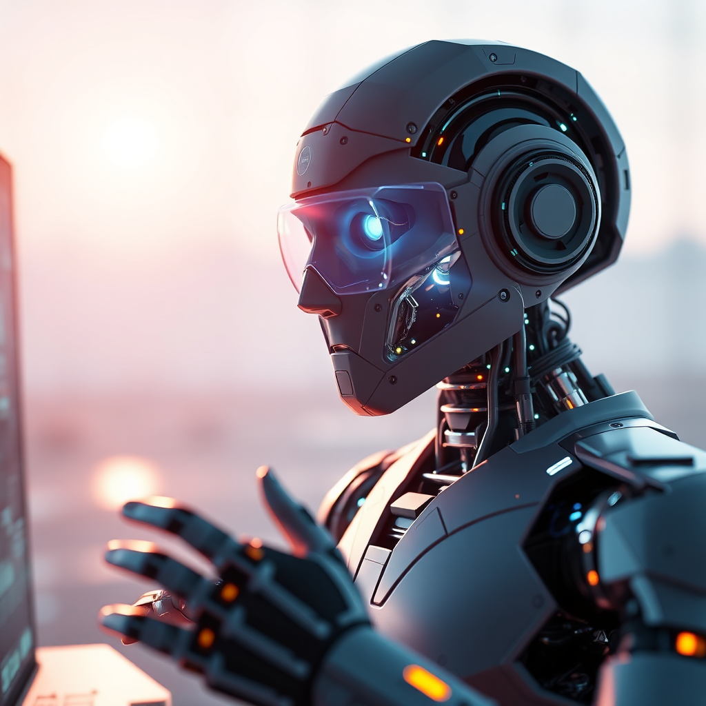 A futuristic image of an AI generating a photorealistic image. Show the interface used to prompt the AI. The generated image should be visually stunning and unique. Lighting should be cool and futuristic. The camera angle should be slightly low. Resolution: 4K. Style: Futuristic and visually appealing.