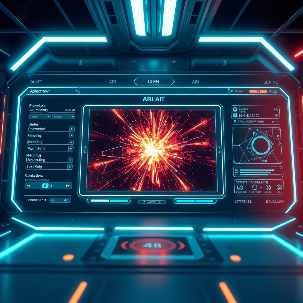 A futuristic image of an AI interface generating art. Visualize a clean, modern interface with various parameters and settings. The output should be a stunning, abstract image generated by the AI. Highlight the potential of AI to create unique and engaging visuals. Lighting should be cool and futuristic, with neon accents highlighting the AI interface. The camera angle should be slightly low, emphasizing the power and sophistication of the AI technology. Resolution: 4K. Style: Futuristic, clean, and visually appealing.