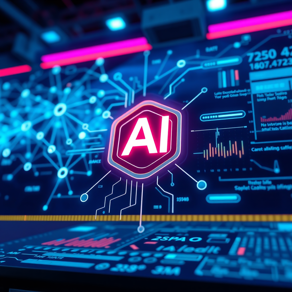 A futuristic image of an AI interface analyzing data and generating insights. Visualize a complex network of data points being processed by an AI algorithm. The output should be a clear and concise representation of the insights gained. Highlight the potential of AI to improve business operations. Lighting should be cool and futuristic, with neon accents highlighting the AI interface. The camera angle should be slightly low. Resolution: 4K. Style: Futuristic, clean, and visually appealing.