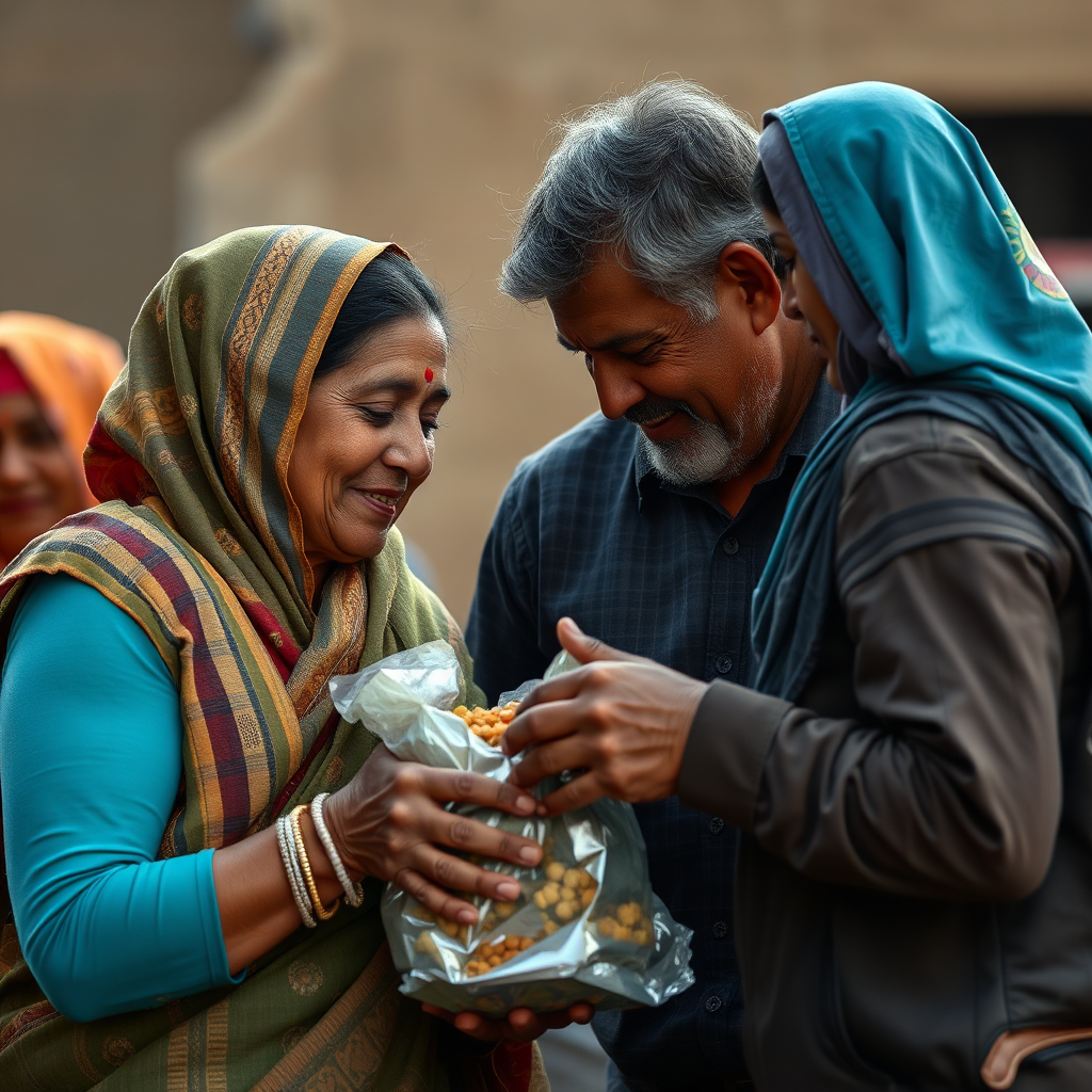 A photorealistic image depicting members of the Kammavar community helping one another. This can be through a food drive, a donation, or simply offering support during a difficult time. Focus on conveying compassion and solidarity. The lighting should be soft and comforting. 4K resolution, high quality.