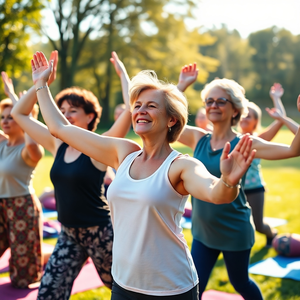 A photorealistic image of a group of diverse women in their 40s and 50s participating in a yoga class outdoors in a sun-drenched park,  expressing serenity and strength, with a focus on their smiling faces and flexible postures, emphasizing a sense of community and wellbeing.