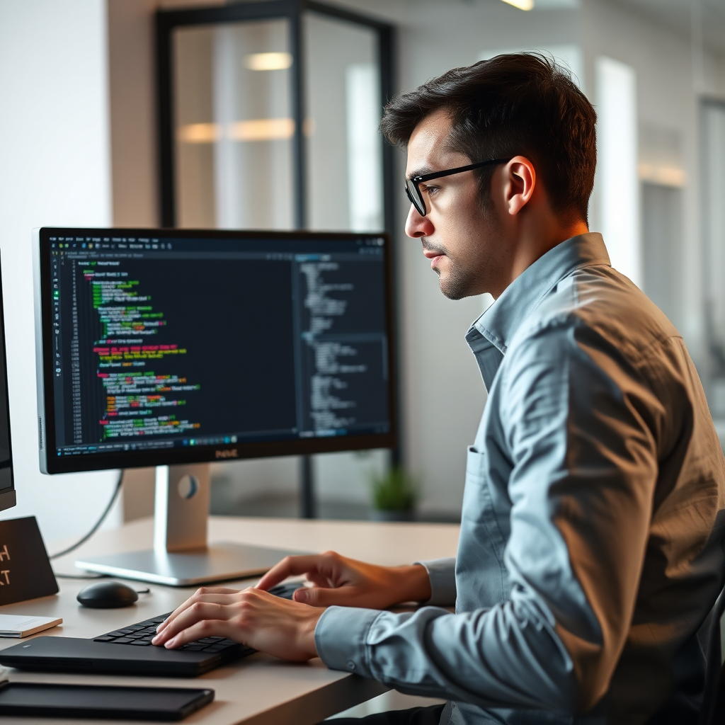 A photorealistic image of a person using a computer, focusing on the website development process. The screen should display code and design interfaces for a modern website. Capture the focused expression of the developer. The background should be a clean and modern office environment. Lighting should be soft and ambient. The camera angle should be slightly to the side, capturing both the developer and the computer screen. Resolution: 4K. Style: Professional and modern.