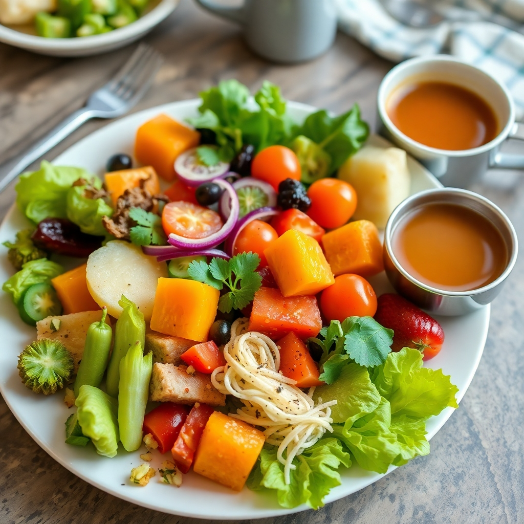 A photorealistic image of a vibrant, colorful plate of food featuring a variety of fresh fruits, vegetables, and whole grains, with a woman in her 40s smiling gently in the background, sunlight illuminating the scene, creating a warm and inviting atmosphere.
