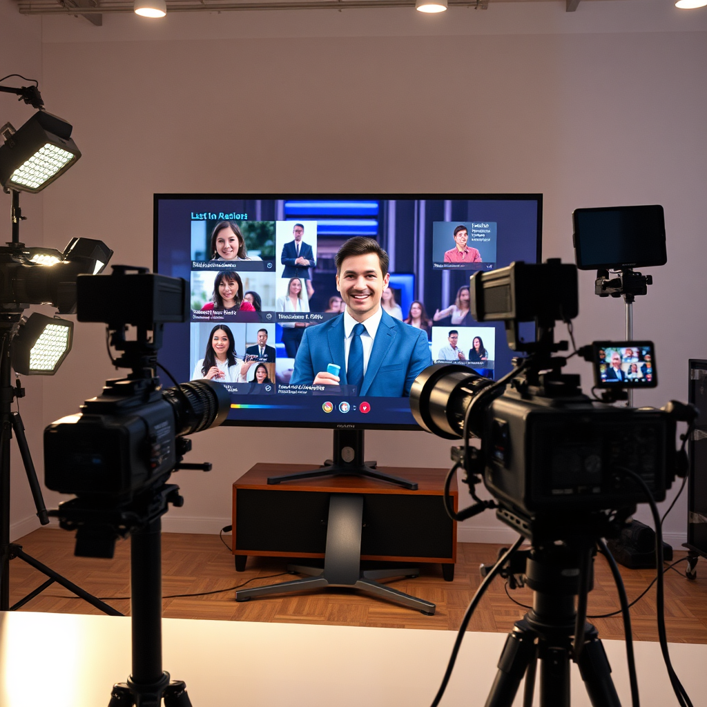 A photorealistic image of a professional livestreaming setup. Feature a presenter confidently interacting with a virtual audience on a large monitor. Include professional lighting, high-quality cameras, and a clean, modern backdrop. Showcase the interaction between the presenter and the audience through chat windows and virtual reactions. The lighting should be warm and inviting, highlighting the presenter's face. The camera angle should be slightly to the side, capturing both the presenter and the virtual audience interface. Resolution: 4K. Style: Modern, professional, and engaging.