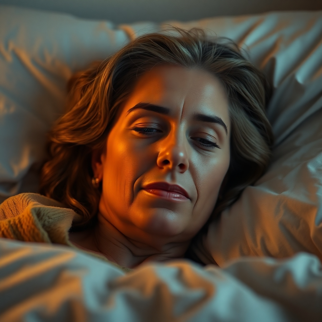 A photorealistic close-up image of a woman in her 40s with a calm, determined expression. Her eyes reflect wisdom and resilience. The background is blurred, focusing attention on her face. The image should project inner strength, peace, and confidence. High resolution, detailed, soft lighting.