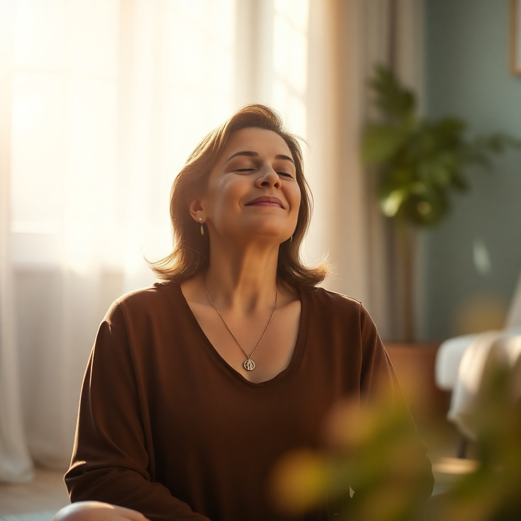 A photorealistic image of a woman in her 40s sitting peacefully in a sunlit room, gently closing her eyes in meditation, surrounded by soft lighting and calming colors. Soft focus and a gentle smile hint at peace and tranquility.