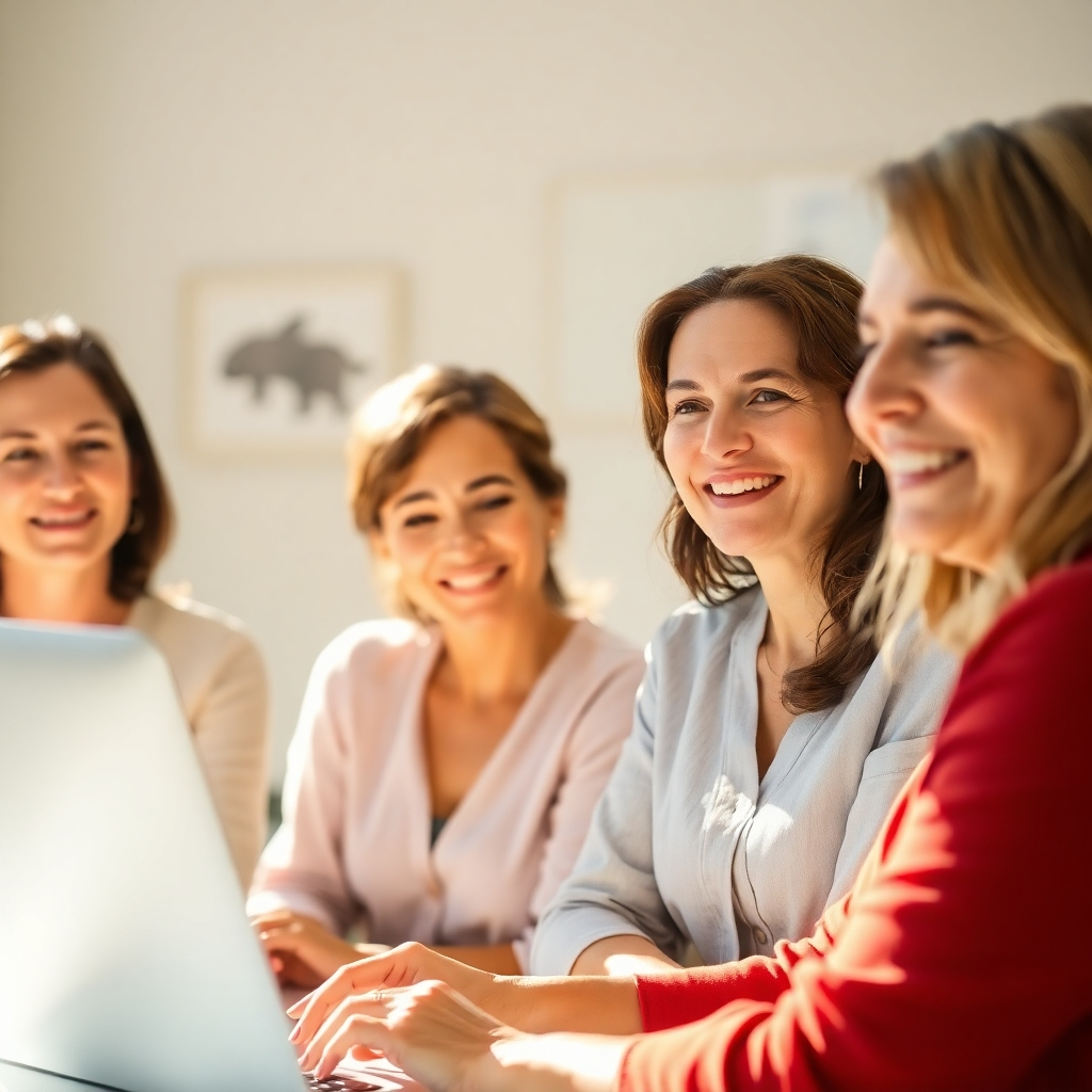 A photorealistic image of a group of diverse women in their 40s and 50s laughing and talking together over coffee in a sunlit cafe.  They are dressed casually but stylishly, and the atmosphere is warm and friendly. The image should emphasize genuine connection and positive energy.