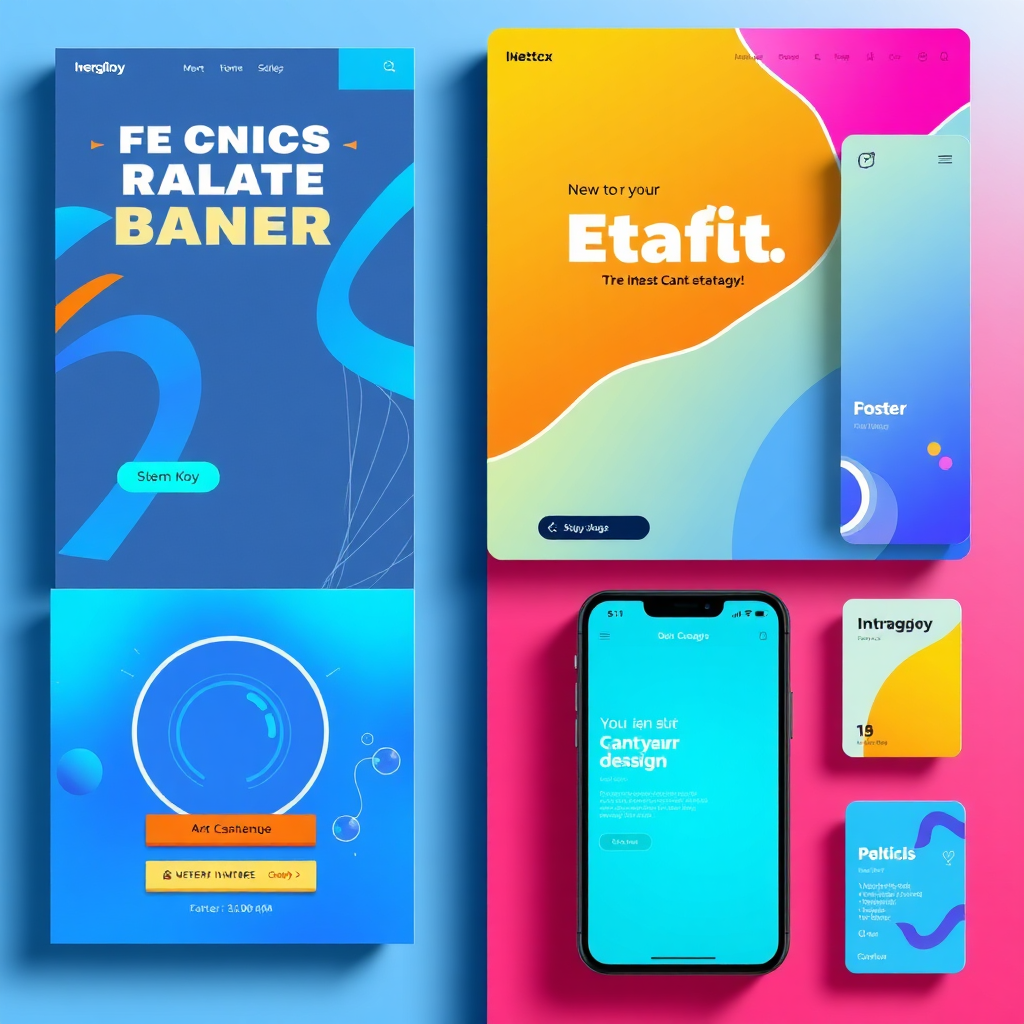 A vibrant and dynamic image showcasing a collection of graphic designs. Feature a banner ad, a poster, and social media graphics, all designed to be visually appealing and impactful. Use a bright and modern color palette. The composition should be balanced and visually engaging. Lighting should be soft and diffused. The camera angle should be slightly elevated. Resolution: 4K. Style: Clean, modern, and visually appealing.