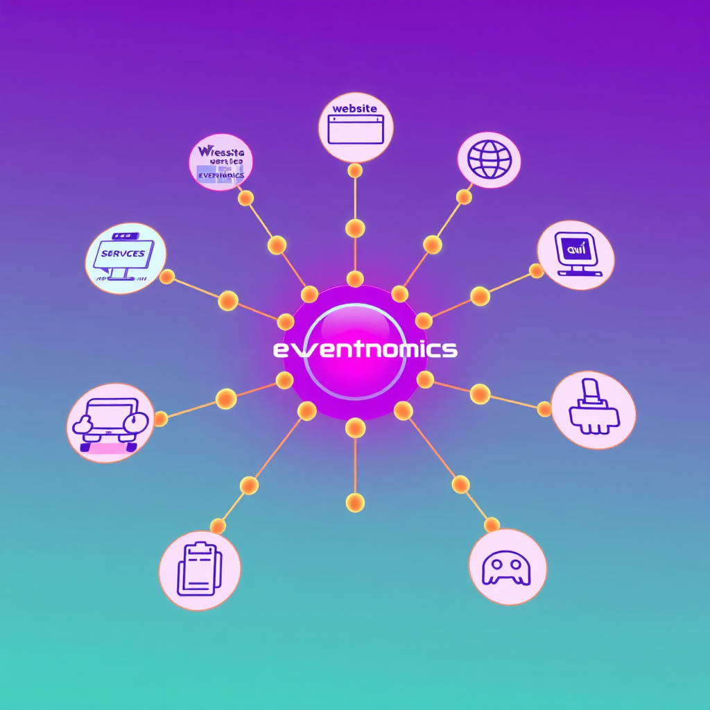 A vibrant, stylized 4K image representing Eventnomics' core services. Imagine a central graphic of interconnected nodes radiating outwards, each node visually representing a service: livestreaming (a live video feed), website design (a sleek website mockup), banner design (eye-catching banner), poster design (an artistic poster), clipart (vector icons), AI photo generation (a generated image), and AI chat integration (chat bubbles). The background should be a gradient of vibrant colors (purple, teal, orange). Focus on clean lines and a modern aesthetic. The lighting should be soft and diffused, creating a welcoming and dynamic visual. The camera angle should be slightly low, emphasizing the interconnectedness of the services. Style: clean vector illustration with subtle gradients and a futuristic feel.