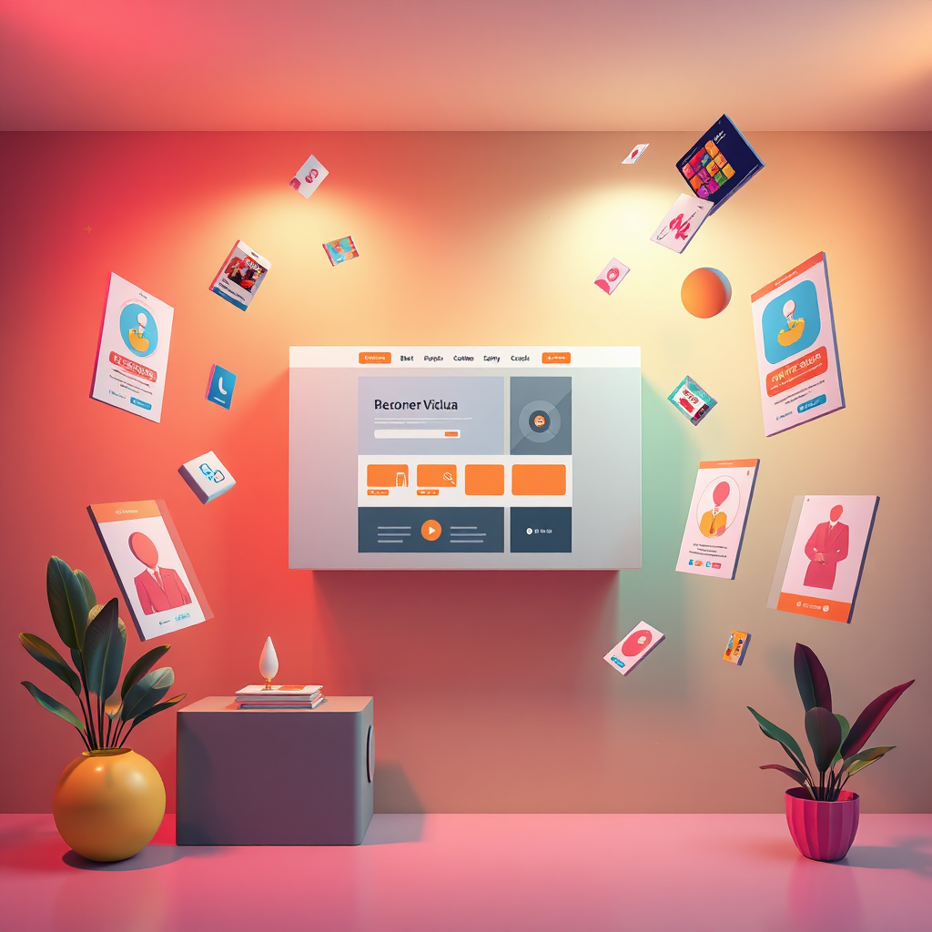 A vibrant, stylized image showcasing various design elements. Imagine a central canvas displaying a visually appealing website design, surrounded by floating elements such as banners, posters, and clipart. Use a bright and modern color palette. The composition should be balanced and visually appealing, showcasing the versatility of our design services. Lighting should be soft and diffused, creating a welcoming and creative atmosphere. The camera angle should be slightly elevated, providing a comprehensive view of the design elements. Resolution: 4K. Style: Clean, modern, and visually engaging.