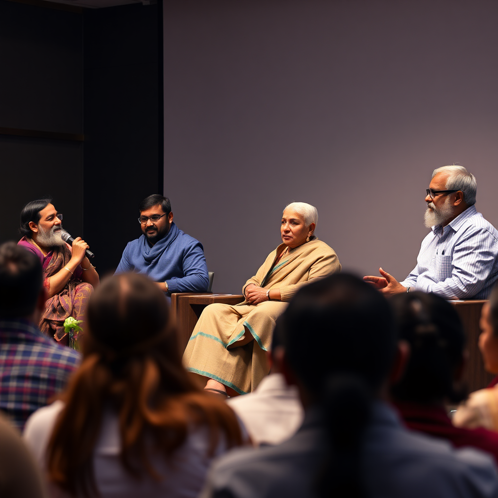 Create a photorealistic image of a panel discussion with prominent Kammavar community leaders. The focus should be on capturing the speaker's engagement and audience interaction. The lighting should be professional and clear. 4K resolution, high quality.