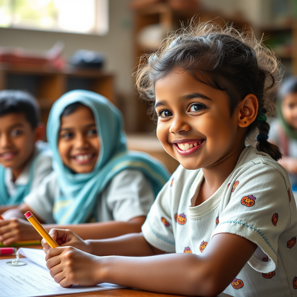 Create a photorealistic image of happy and engaged Kammavar children participating in a educational program. Focus on portraying positive and inspiring learning environments. The lighting should be bright and playful. 4K resolution, high quality.