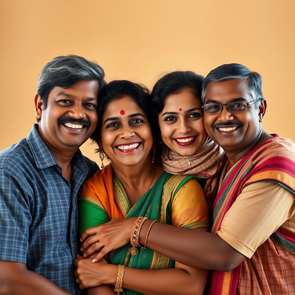 Create a stylized image showcasing a group of Kammavar individuals of different generations smiling and embracing, representing strong bonds and family values. Use a warm color palette with soft lighting to enhance the feeling of connection. 4K resolution, high quality.
