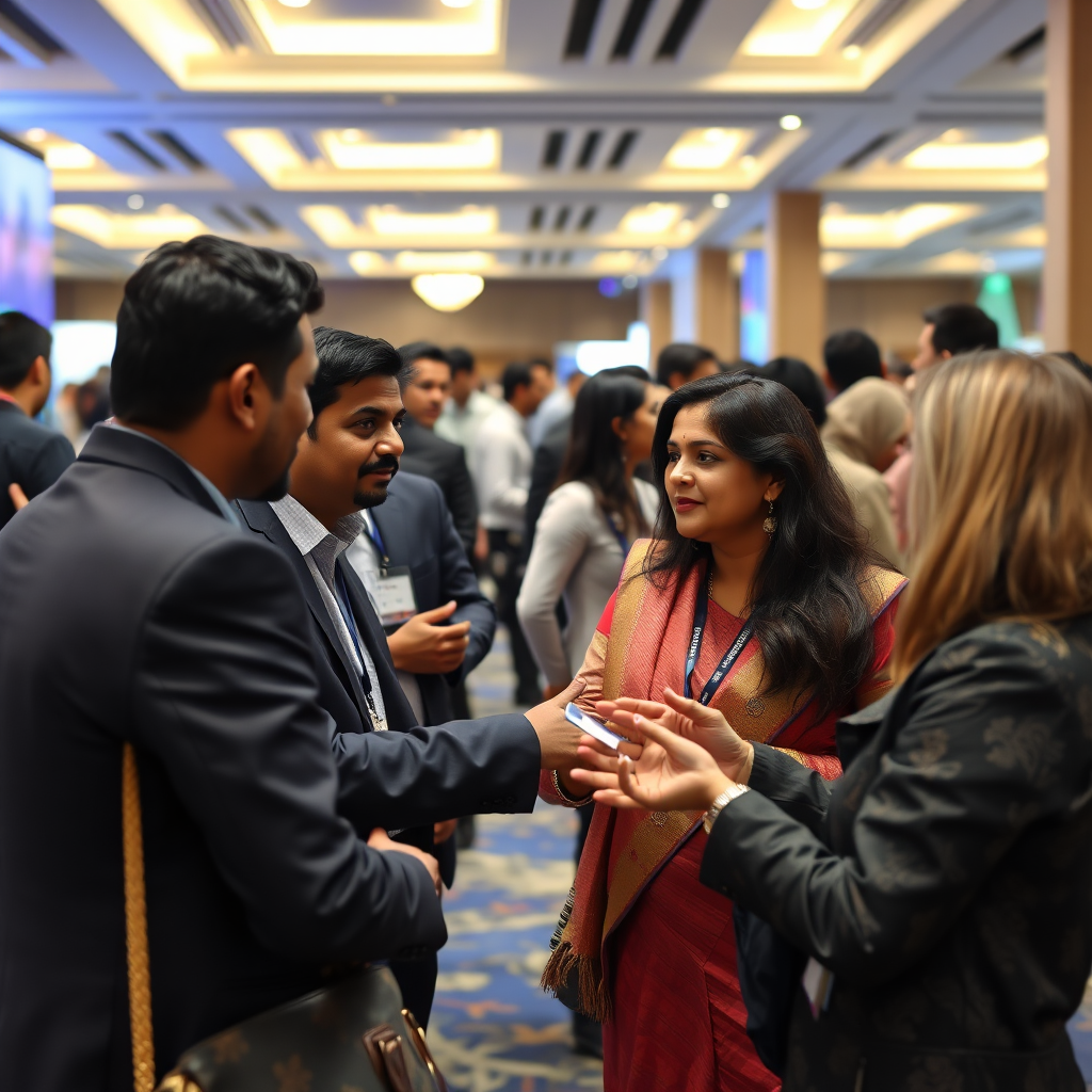 Create an image showing Kammavar professionals connecting and networking at a business event. Include elements like handshakes, business cards, and engaging conversations. Convey a sense of professionalism and opportunity. 4K resolution, high quality.