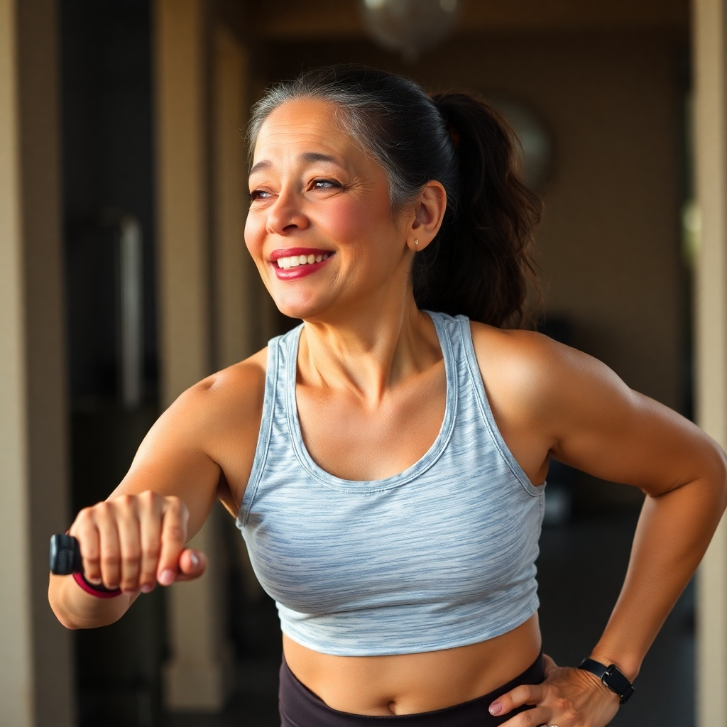 A photorealistic image of a woman in her 40s, smiling radiantly, doing yoga on a sun-drenched balcony overlooking a cityscape. She is wearing comfortable athletic clothing and has a serene expression. The image should focus on health, vitality, and inner peace. High resolution, detailed, vibrant colors, natural lighting.