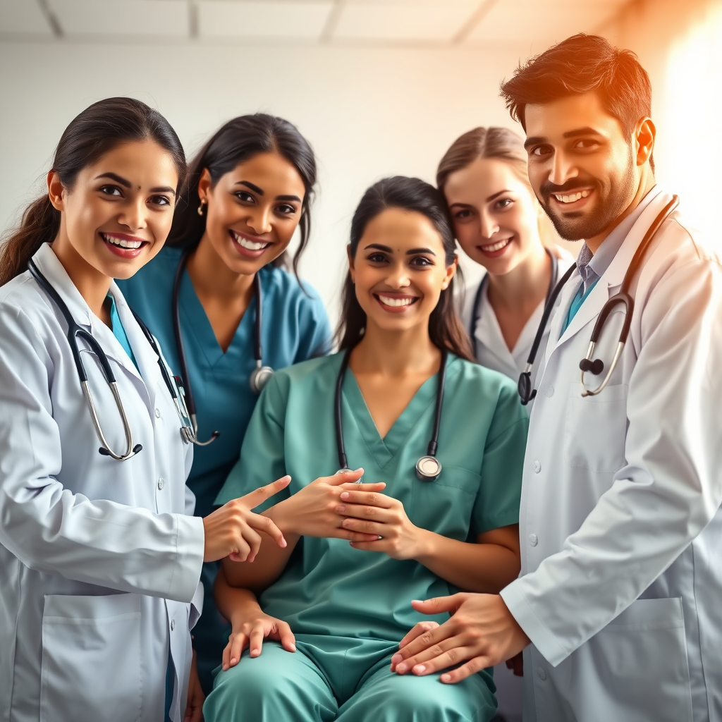 A 4K, high-quality image depicting a diverse team of doctors and nurses at SOVANN Polyclinic collaborating on a patient's case. The composition should be warm and inviting, showcasing the team's dedication and expertise. The lighting should be soft and natural, highlighting the team's faces and creating a sense of trust. The color palette should be calming and include shades of blue, green, and white. The camera angle should be a medium shot, capturing the team's interaction and creating a sense of community. Add texture details such as the soft fabric of the medical uniforms, the smooth surface of the medical equipment, and the warm smiles on the team's faces. The image should evoke a sense of compassion, professionalism, and teamwork. Style: Modern medical photography, high quality.
