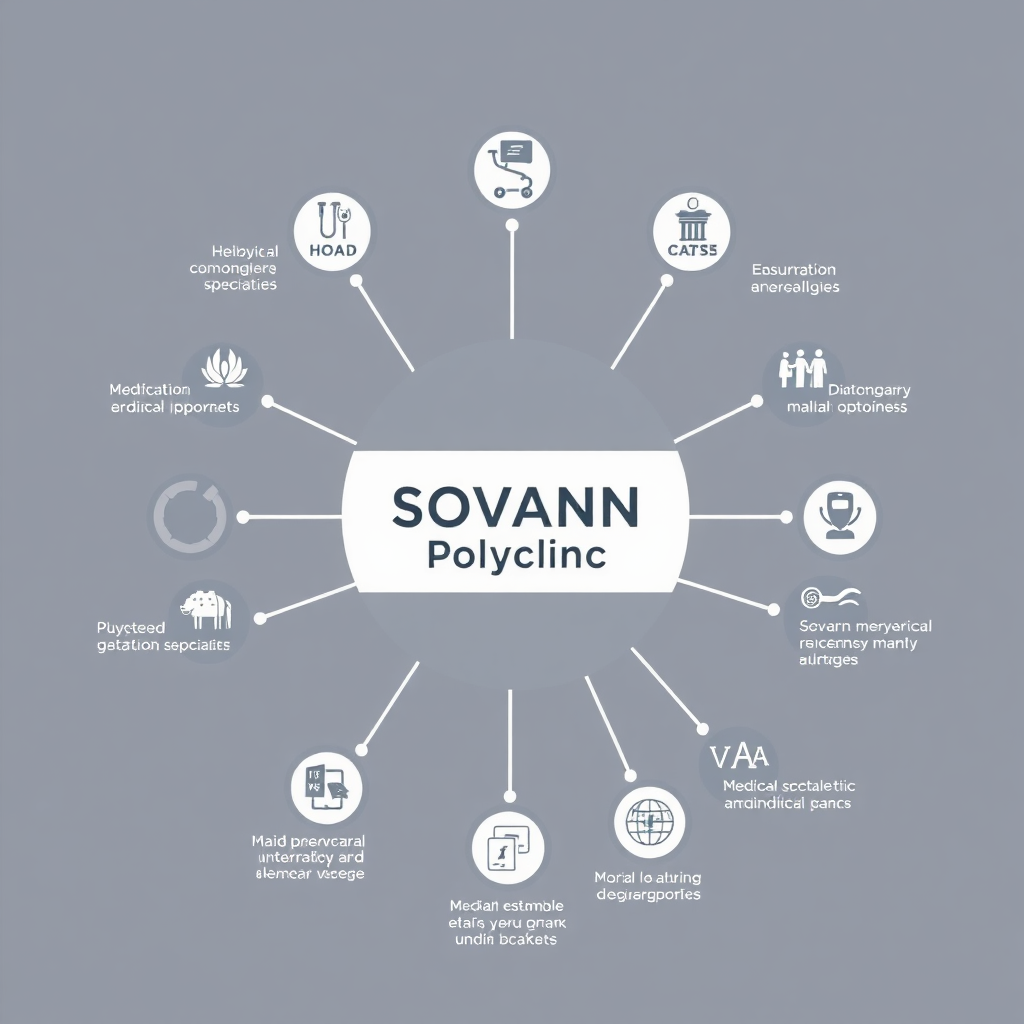 A diagram or graphic illustrating the interconnectedness of different medical specialties within SOVANN Polyclinic. Clean and modern design. 4K resolution.