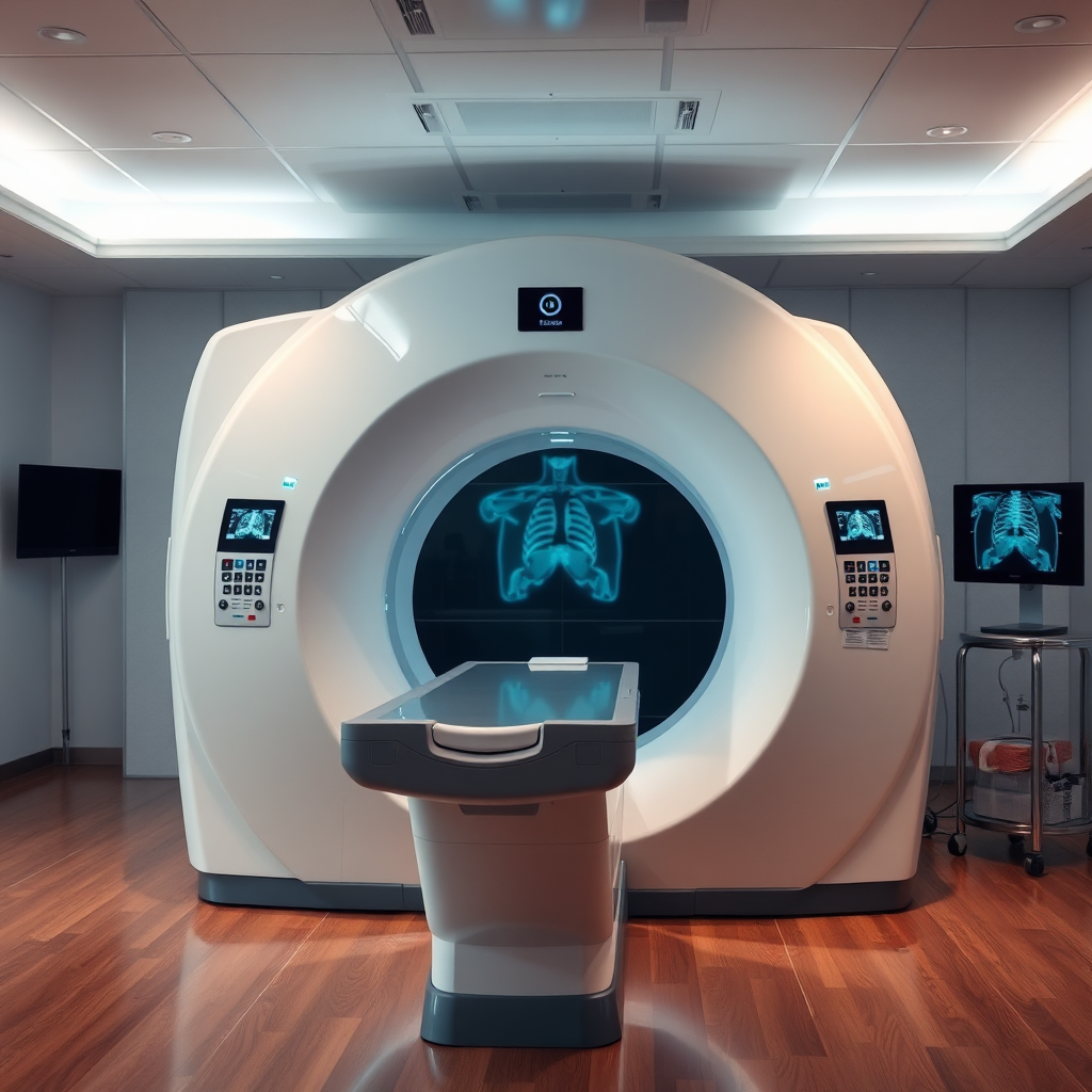  A high-quality image showcasing advanced medical imaging equipment (MRI or CT scan) in a clean, modern setting. Focus on the technology and precision. 4K resolution, photorealistic.