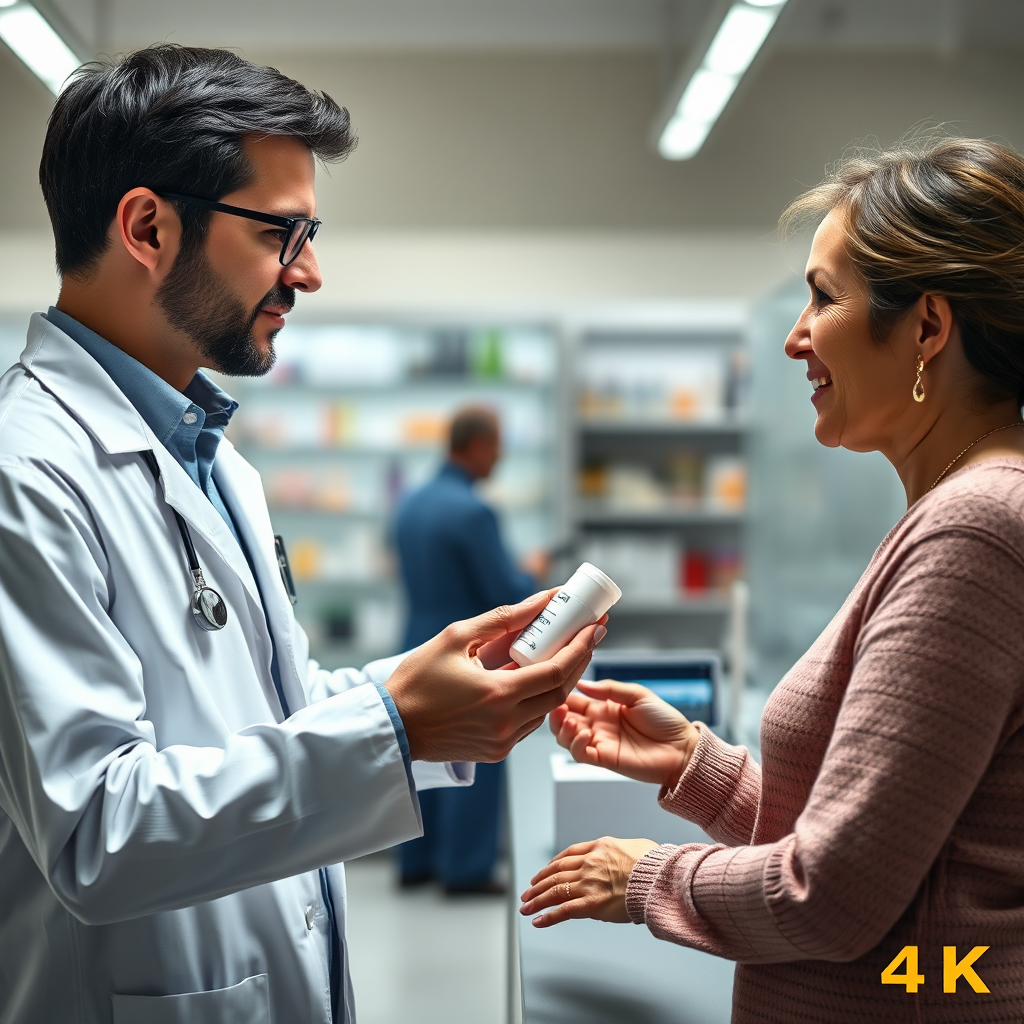 A pharmacist handing medication to a patient, with a focus on the pharmacist's professionalism and the patient's well-being. 4K resolution, photorealistic.