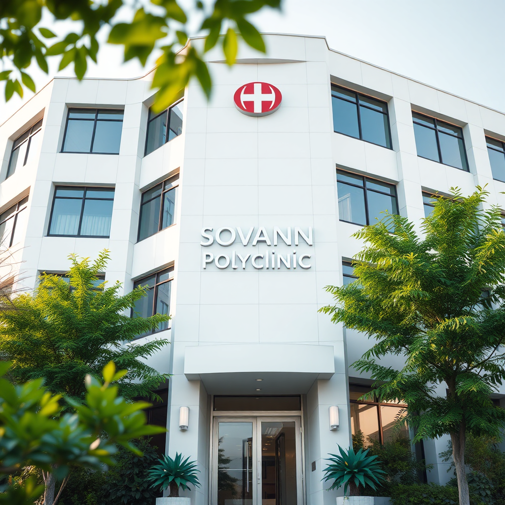 A photorealistic, ultra-high quality 8K image of the SOVANN Polyclinic's modern building facade at daytime. The composition should capture the entire building with its clean architectural lines and the hospital's signage prominently displayed. Lush greenery should surround the building, creating a welcoming and healing environment. The lighting should be soft and diffused, highlighting the building's details and creating a warm atmosphere. The color palette should be calming and include shades of white, green, and blue. The camera angle should be a slightly low-angle shot, emphasizing the building's height and presence. Add texture details such as the smooth glass of the windows, the rough texture of the building's exterior, and the soft texture of the surrounding plants. The image should evoke a sense of trust, professionalism, and advanced medical care. Style: Modern architectural photography, hyperrealistic.