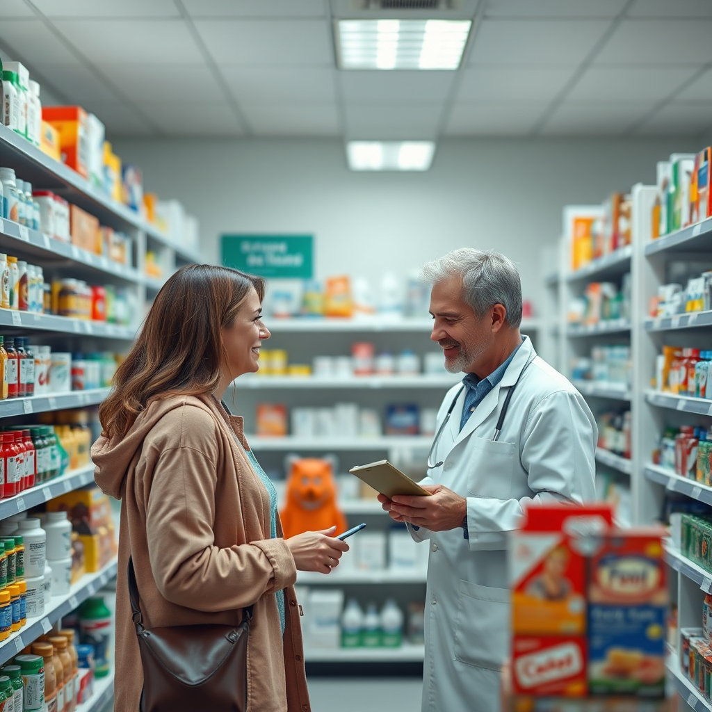 A well-stocked pharmacy with a friendly pharmacist assisting a customer. Focus on accessibility and customer service. 4K resolution, photorealistic.
