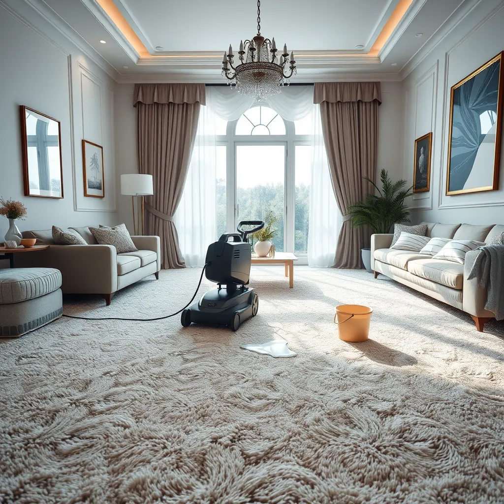 A beautiful living room with plush carpets covered in protective film. A person is using a carpet cleaner machine, with soap bubbles and a bucket nearby. The room is stylishly decorated with furniture and light streaming in from a large window.
