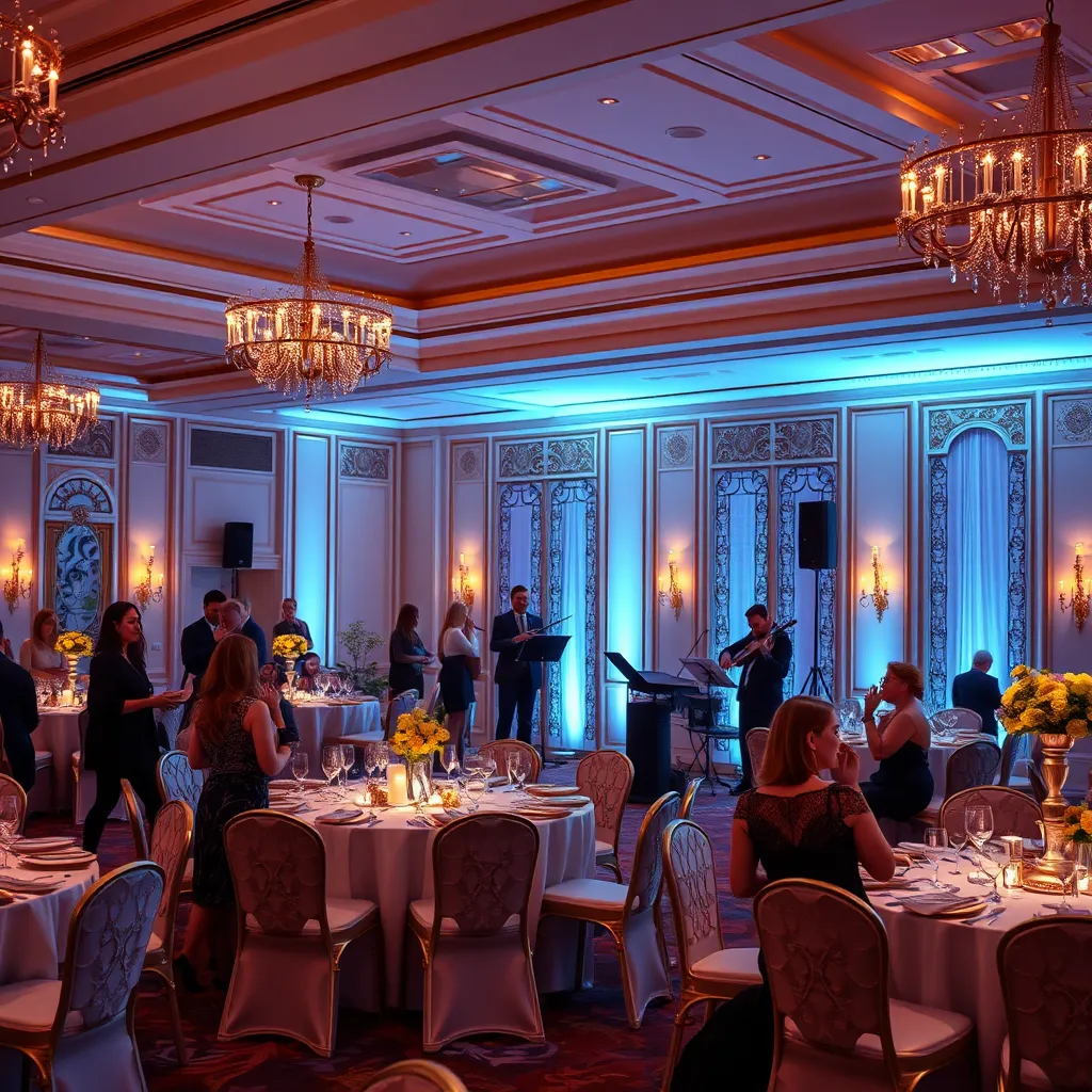 A beautifully decorated event space with soft, ambient lighting, elegantly dressed tables, and a string quartet playing in the corner. Guests are mingling, laughing, and enjoying the music, creating a warm, inviting atmosphere.