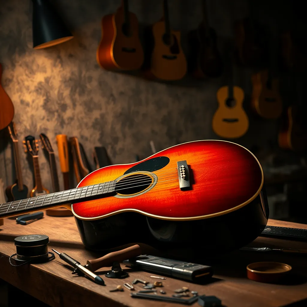 A beautifully finished acoustic guitar resting on a workbench under dramatic side lighting. The light accentuates the guitar’s glossy finish, highlighting deep, rich colors like sunburst orange and natural wood tones. The camera angle captures the guitar’s body and neck at a slight diagonal, showcasing its curves and craftsmanship. Surrounding elements include various tools like fret files and polish, displaying an organized workspace. The backdrop consists of a textured wall with an elegant display of completed guitars. The mood is artistic yet professional, inviting viewers to appreciate the meticulous work. The scene should feel intimate, evoking the aura of a craftsman at work. 8K resolution, hyperrealistic quality, ultra-detailed.