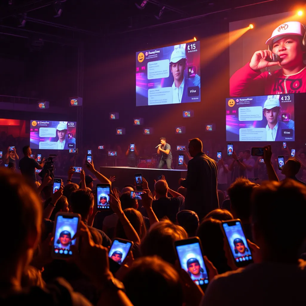 A captivating scene showing an interactive live event, where a performer engages with virtual audience members through screens displaying comments and emojis. Include elements of augmented reality, with visuals enhancing the performance and fans involved through their devices.
