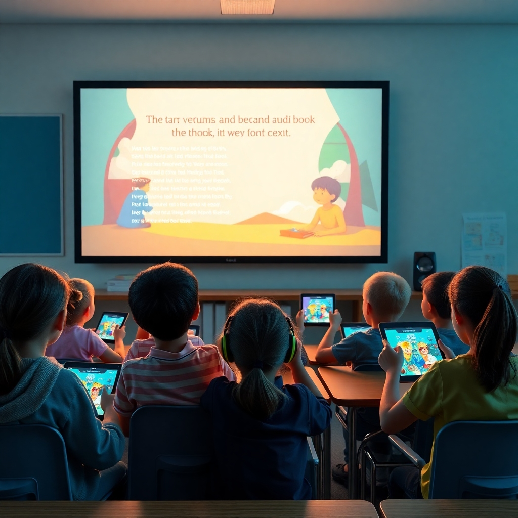 A classroom setting where students are engaged with an animated audiobook projected on a screen. The screen displays colorful visuals alongside text, while students, both attentive and animated, interact with digital tablets, illustrating the benefits of multi-sensory learning.